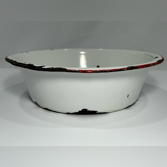 Porcelain Enamelware White Red Rim Farmhouse Bowl Basin Pan Dish MCM Vintage - Picture 5 of 12